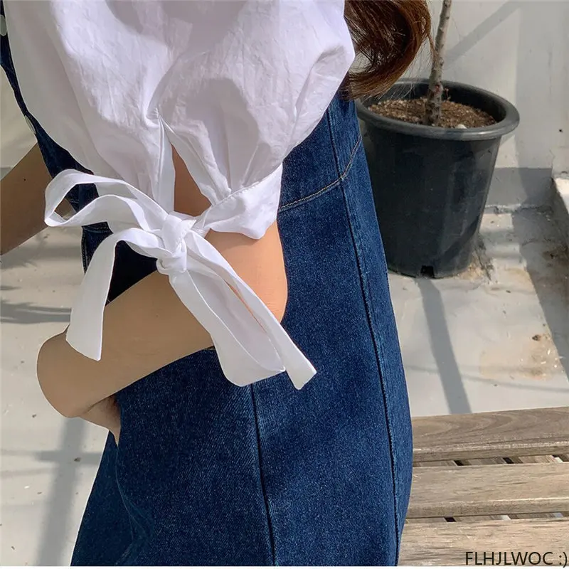 Retro Vintage Chic Korea White Blue Tops Blusas 2023 Women Korean Style Japan Girls Lace-Up Bow Tie Shirts Cute Sweet Blouses