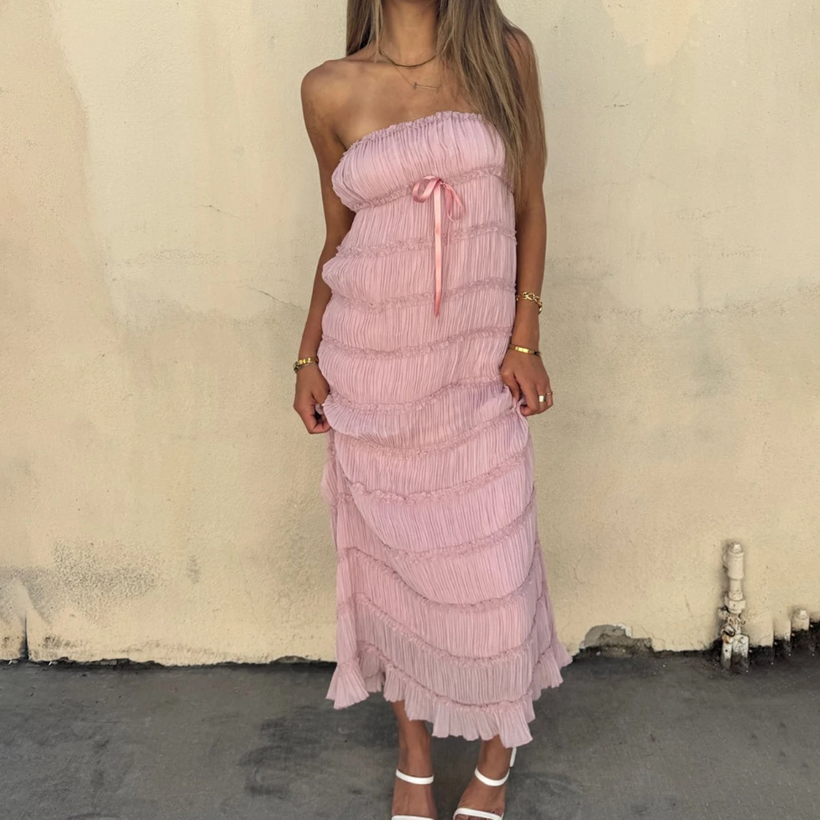 New Fashion Women Shirred Tube Top Dress Solid Floral Off Shoulder Sleeveless Backless Long Dress For Daily Party S-XL