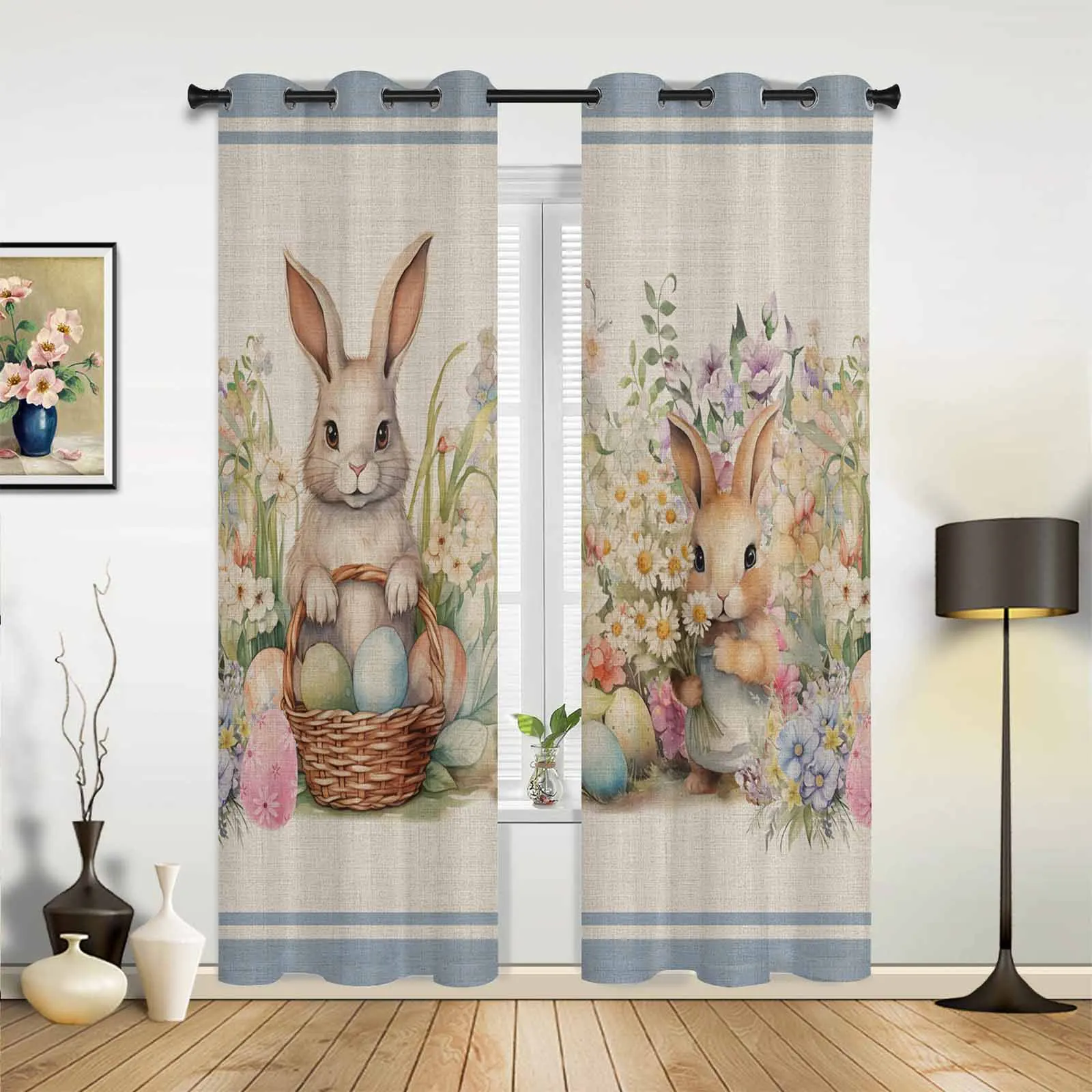 Easter Eggs Bunny Flowers Window Curtains for Living Room Bedroom Curtain Modern Kitchen Blinds Drapes Curtains