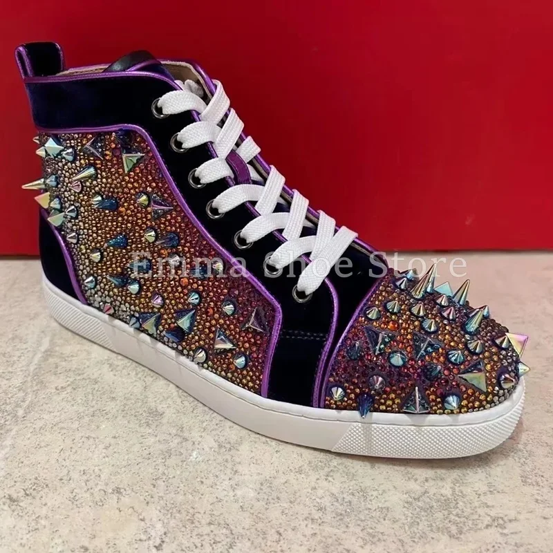 

Purple Rhinestone Rivet Flat Shoes Men's Versatile Lace Up Canvas Shoes Sports Running Shoes Comfortable Couple Sneakers