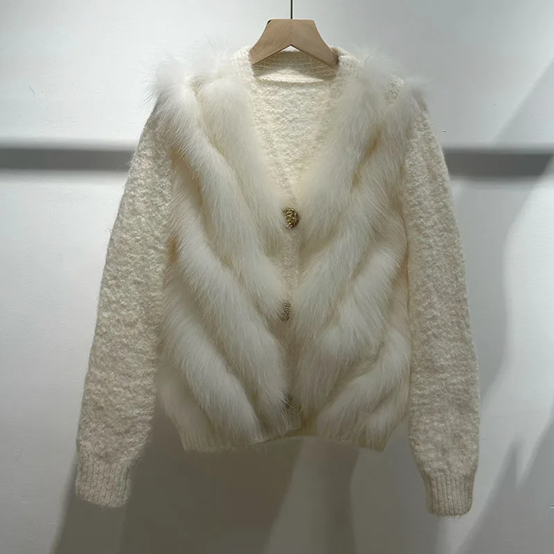 Women Winter Real Fox Fur Coat  Long Sleeve V-neck Genuine Fur Cardigan Sweater Female Fashion Natural Fur Outwear