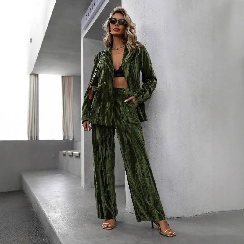 

Vintage Velvet Suit Women's Casual Two-Piece Set Wide-Leg Pants with Pleated Top Blazer Long-Sleeve Straight-Leg Pants Outfit