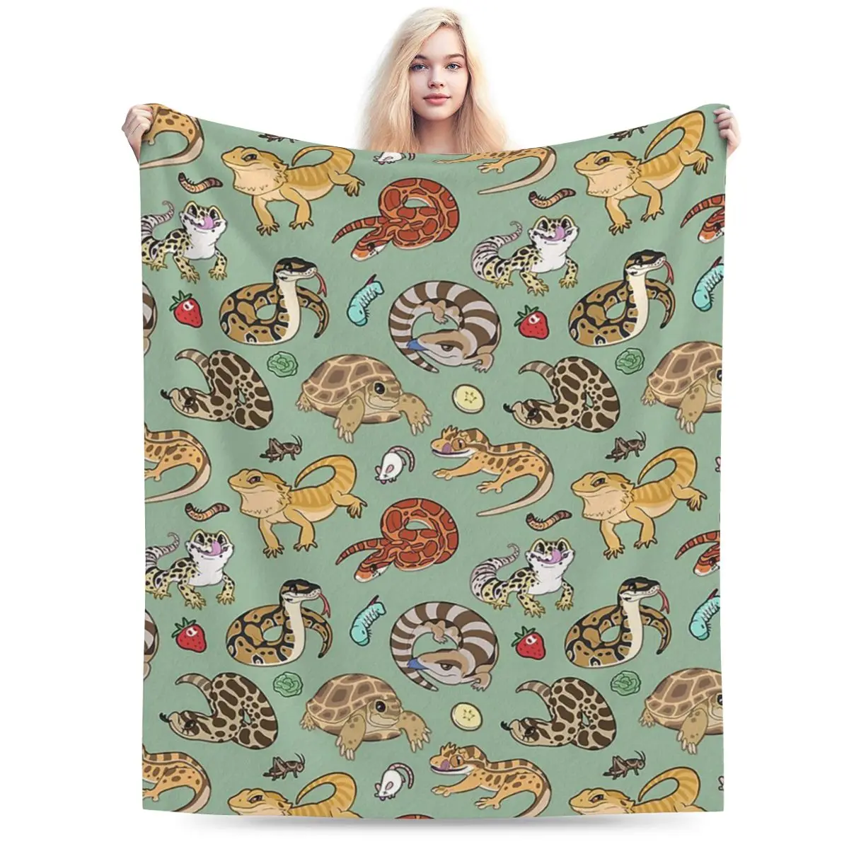 Reptile Pets Pattern - Green Blankets Soft Warm Flannel Throw Blanket Bedding for Bed Living room Picnic Travel Home Sofa