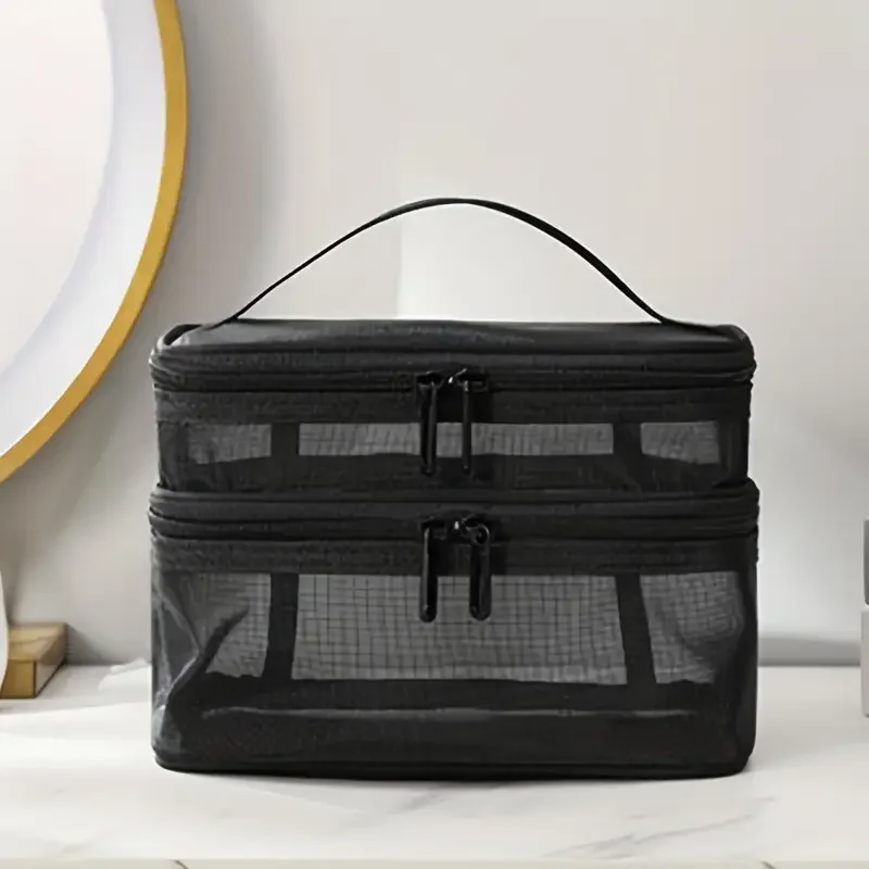 

Simple Double-layer Cosmetics Bag Large Capacity Mesh Toiletry Bag Portable Travel Storage Bag Make Up Organizer Bag Women's