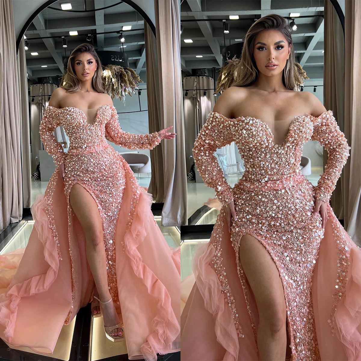 Pink Pearls Mermaid Prom Dresses Women Sexy V-Neck Evening Dress Grown Floor-Length Vestidos De Novia Hand Sewn Beads Customized