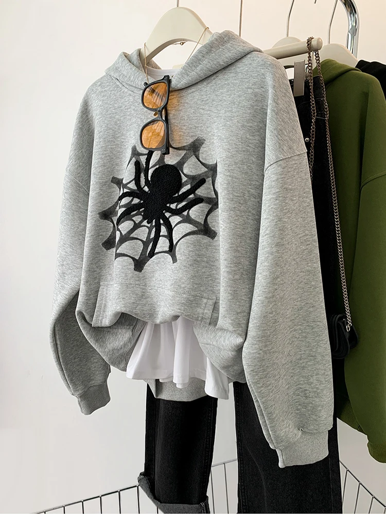 Y2K Spider Print Hooded Streetwear Harajuku Retro Loose Hip Hop Quirky Punk Sweatshirt Fashion Couple Sports Sweater