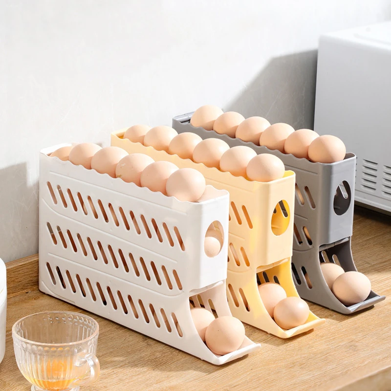 Fridge Side Door Egg Holder Large Capacity Egg Holder 4-Tier Auto Rolling Egg Storage Rack For Kitchen Countertop Cabinets