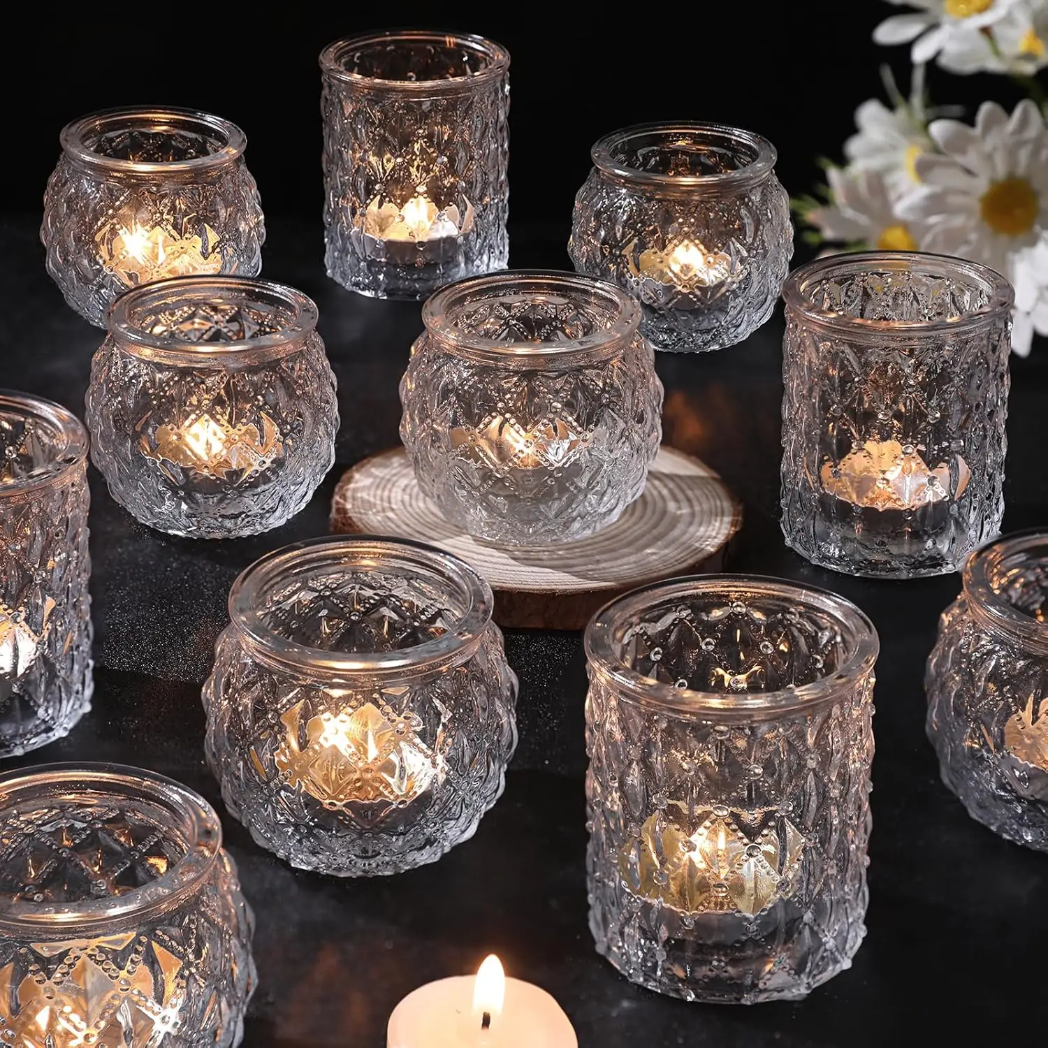 

24 Clear Glass Votive Candle Holders Bulk - Diamond Textured, for Wedding Centerpieces & Home Decor