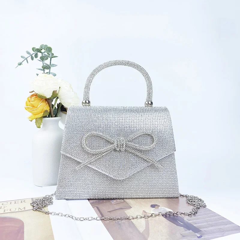 New niche design bow silver handbag bag European and American fashion retro chain dinner party shoulder cross-body bag