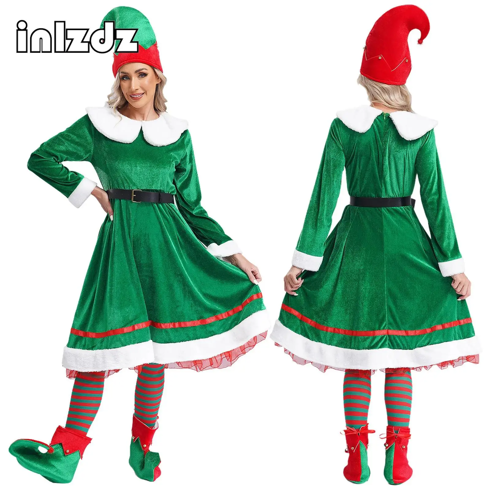 

Women Lovely Christmas Elf Suit Tinkle Bell Flannel Dress with Belt Hat Striped Stockings Shoes Xmas Holiday Cosplay Costume Set