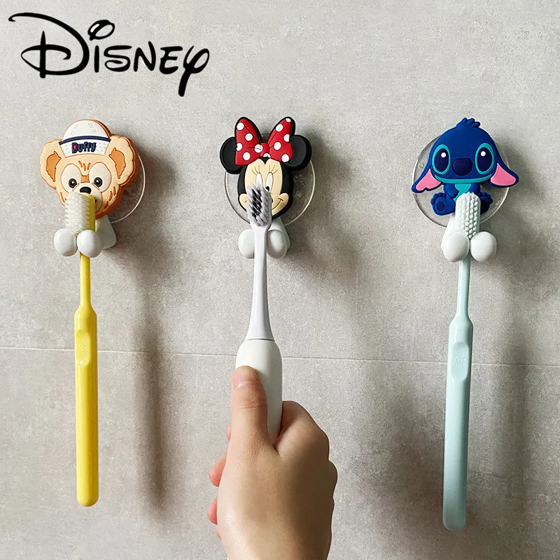 Disney Mickey Mouse Toothbrush Holder Stitch Minnie Anime Figure Cartoon Wall Mounted Shelf for Bathroom Hangers Hook Suction