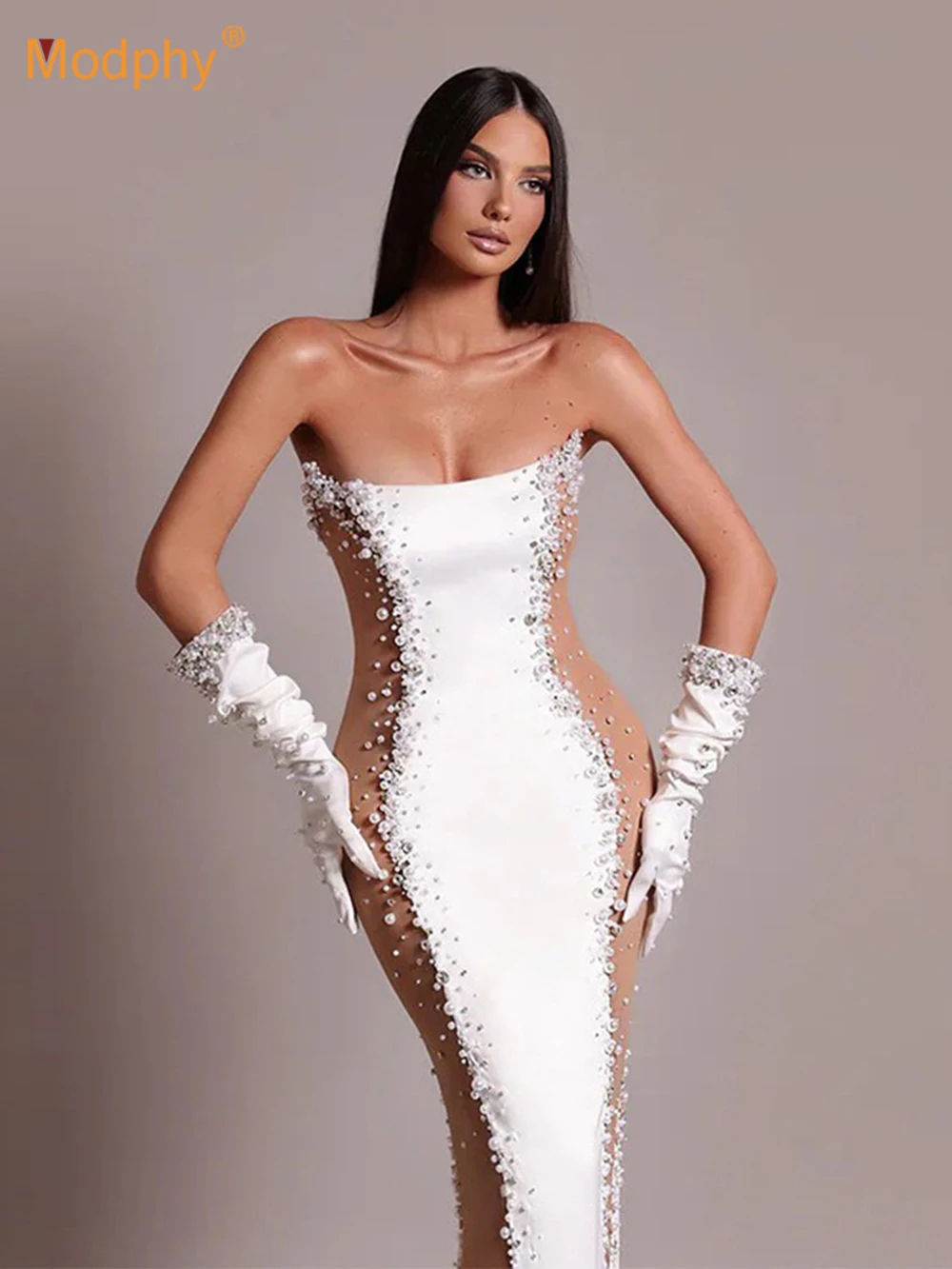 

Modphy Women's 2025 New Black White Strapless Diamond Pearl Mesh Patchwork Sexy Celebrity Cocktail Party Bandage Midi Dress