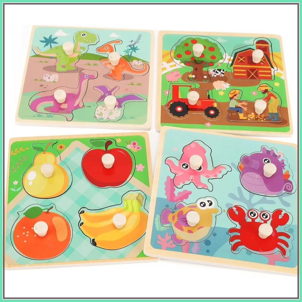 

Wooden Peg Puzzles for Toddlers 1-3, Set of 4: Farm, Dinosaur, Fruit & Marine Animals