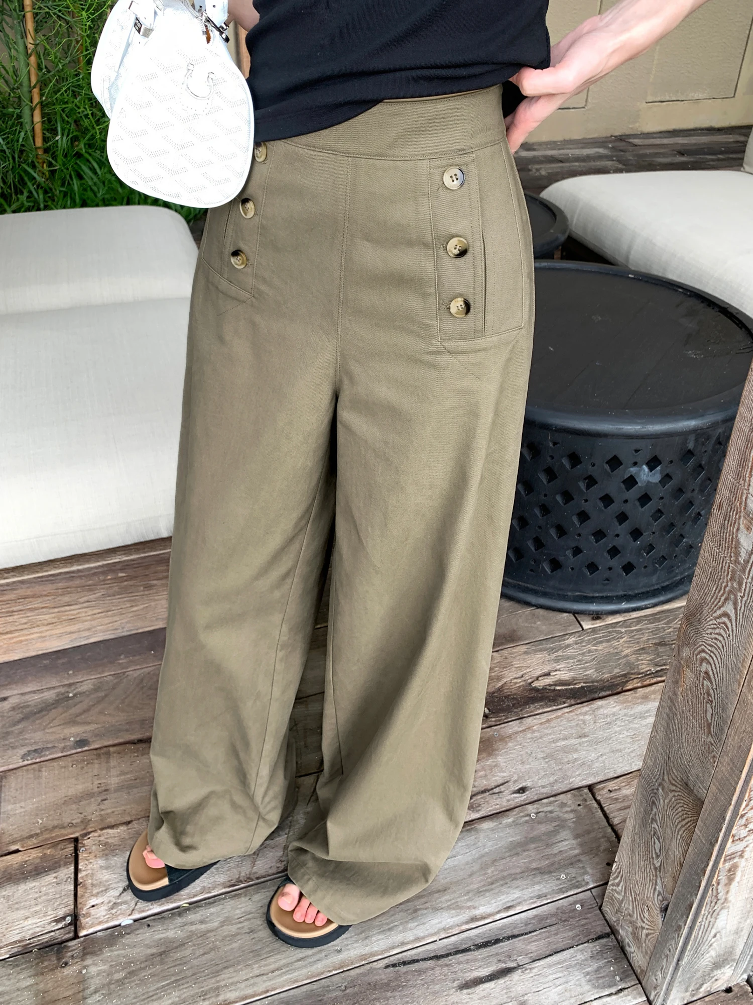 

Pusumede Modern Tribe Brown Retro Wide Leg Pants Women's Button Design Straight Casual Loose Cotton Trousers