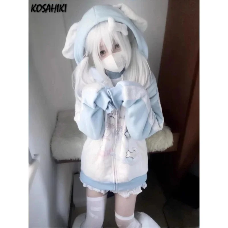 

Японские повседневные милые толстовки Y2k Kawaii, свободные универсальные милые женские пальто контрастного цвета, модная толстовка на молнии с мультяшным принтом
