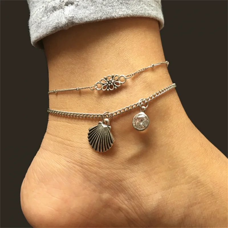 Bohemia Flower Shell Anklet Bracelet Set Beach Anklets For Women Summer Barefoot Sandals Retro Jewelry On Foot Leg Chain 2PCS