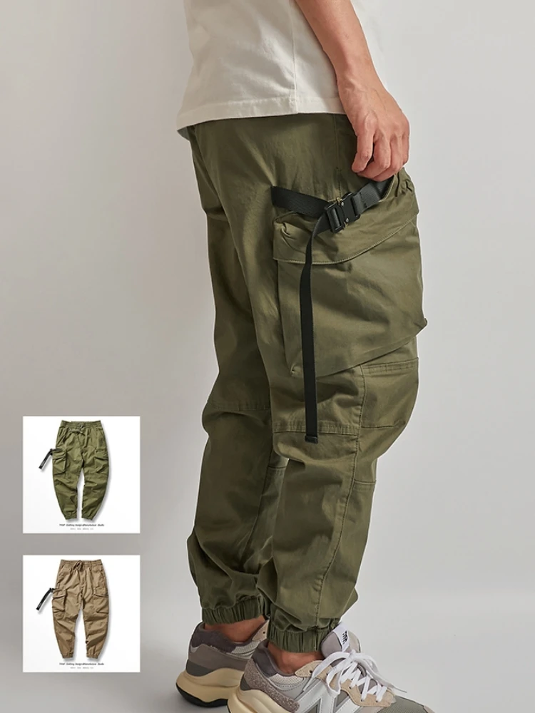 Spring Summer Japanese Retro Military Outdoor Cargo Pants Men\'s 97% Cotton Washed Multi-pocket Loose Casual Ankle-tied Trousers