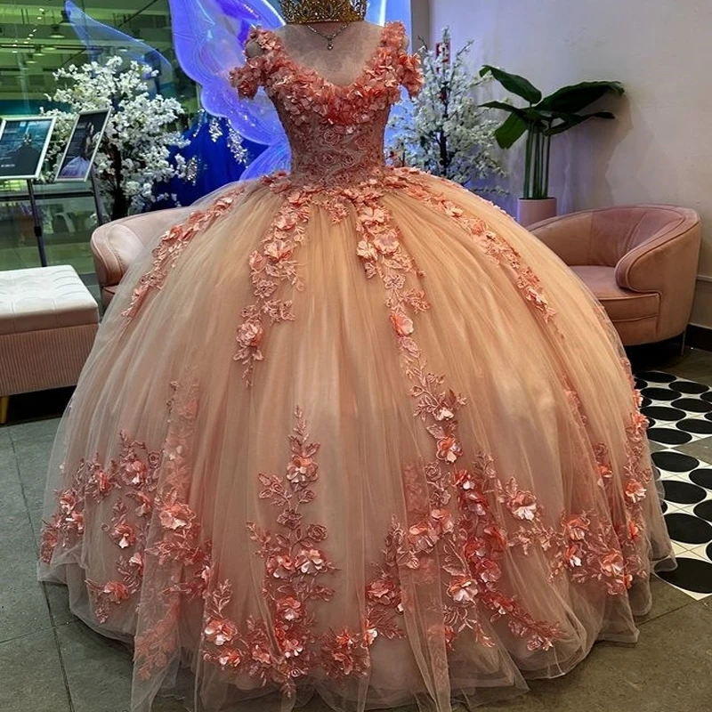 Pink Quinceanera Dresses Ball Gown Sweet 16 Dress Off The Shoulder Applique 3D Flowers Vestidos 15 De XV Años Beads Birthday Par