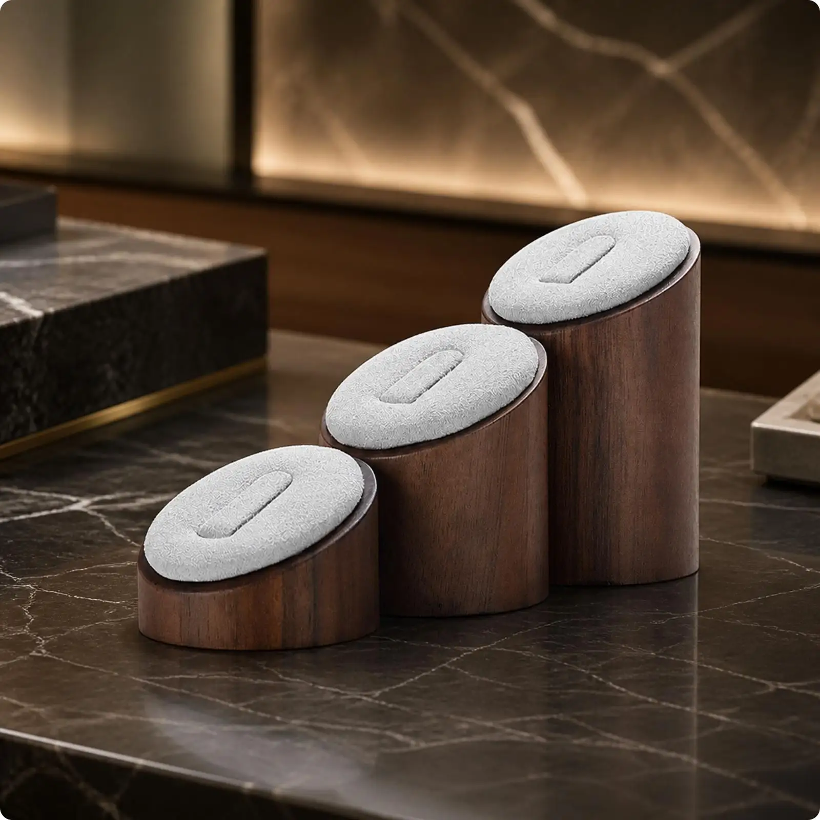 Dark Walnut Ring Display Stand with Cushioned Top for Jewelry Organization and Presentation