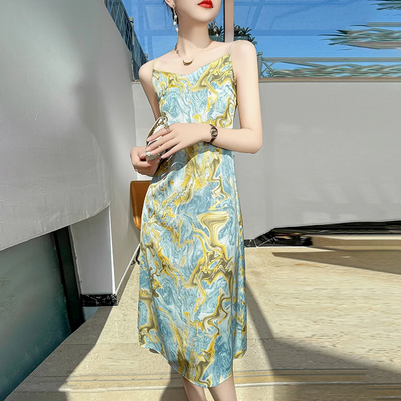 ZOCEPT French Blue Oil Painting Long Skirt Beach Skirt Floral Suspender Dress Women's Spring Summer 2025 New High-end Dresses