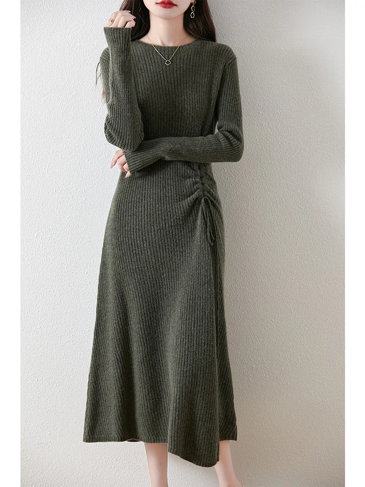 

100% Merino Wool Knitted Dress Women's Autumn Winter New Waist Cinching Slimming Hip Hugging Skirt Semi High Neck Long Dress