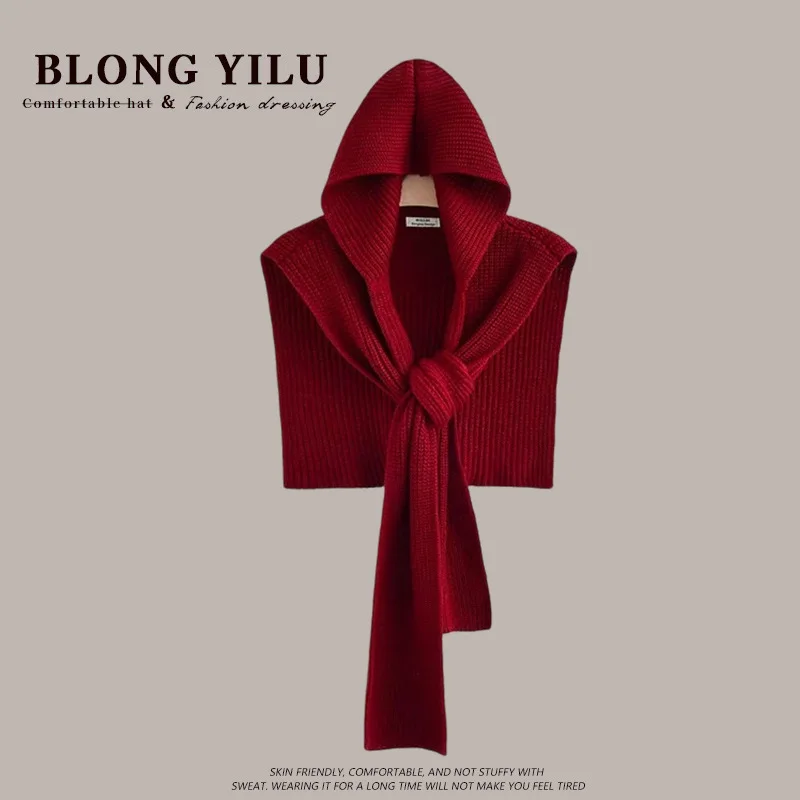 قبعة وشاح شتوية دافئة قطعة واحدة للنساء شريطية محبوكة بغطاء للرأس شال كيب أنيق ملابس خارجية للرقبة #6
