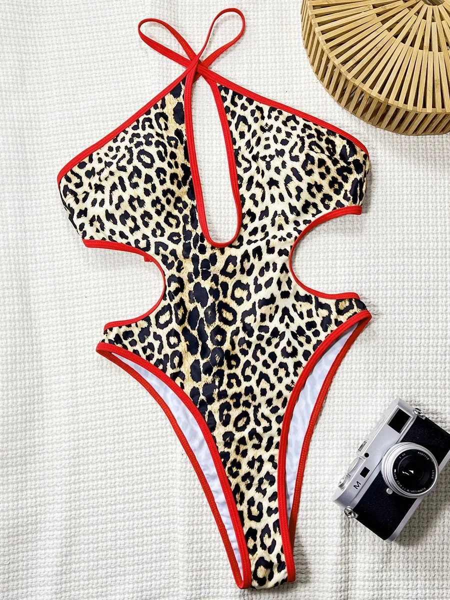 Splicing Leopard Hollow Out Women Swimwear One Piece Swimsuit Female Backless Monokini High Leg Cut Bathing Suit Swim Bodysuit