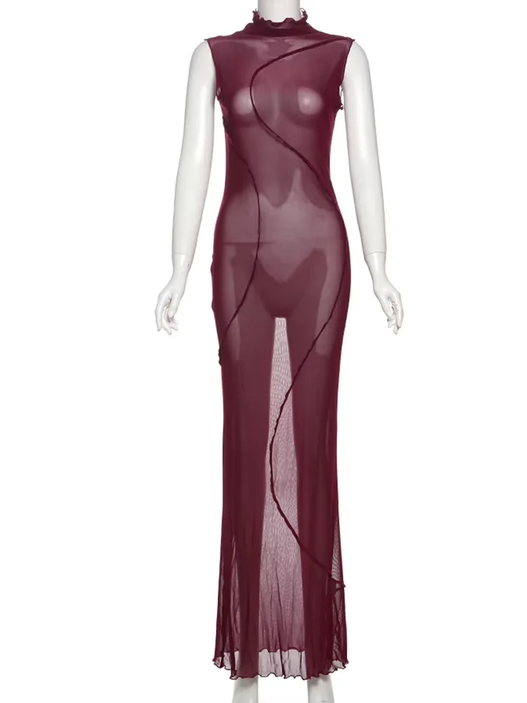 Urocze, przezroczyste sukienki damskie z siateczki, atrakcyjne, bez rękawów, ze stójką, obcisłe, długie sukienki, jednolite, seksowne, kokieteryjne, klubowe.