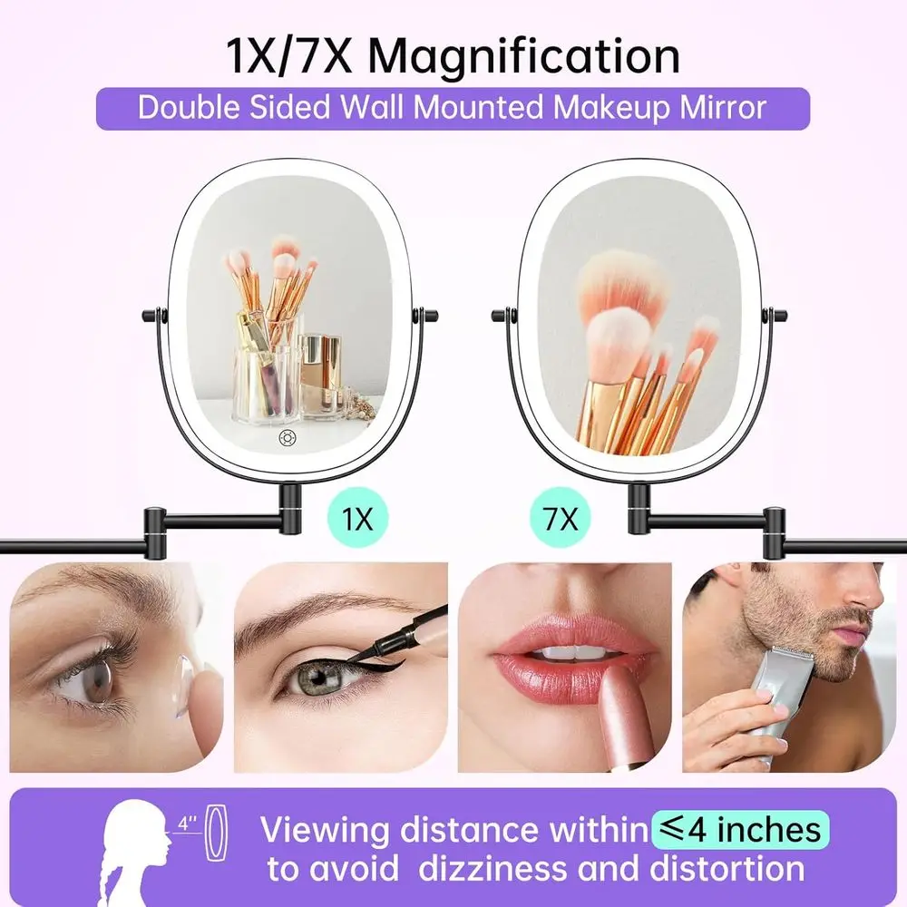 Doppelseitiger LED-Kosmetikspiegel mit 1-facher/7-facher Vergrößerung, verstellbarer Beleuchtung, ausziehbarem Arm, ovales Design in Kohleschwarz