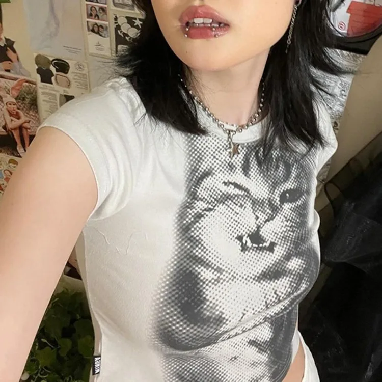 Street Cute Cat Print O-neck Short Sleeve Tops Mujer 2024 Summer New T-shirt for Women Y2k Slim Fit White Blusas