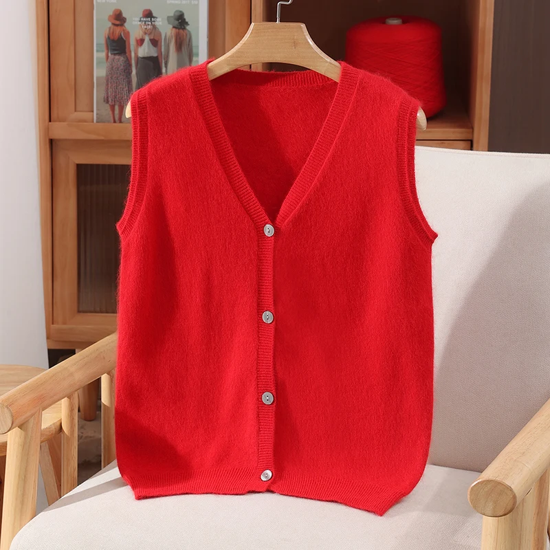 ผู้หญิงใหม่ 100% Mink Cashmereเสื้อกันหนาวVคอเสื้อกั๊กปุ่มเสื้อสเวตเตอร์ถักแขนกุดฤดูใบไม้ร่วงฤดูหนาวWarm Mink Cashmereเสื้อถักเสื้อ
