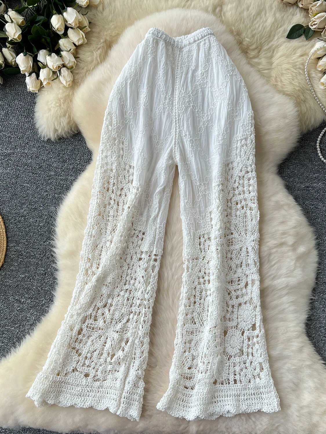 Korean Sle Heavy Embroidery Hollow out Knitted Wide Leg Casual Pants High Waist Summer Slimming Beach Trousers for Women