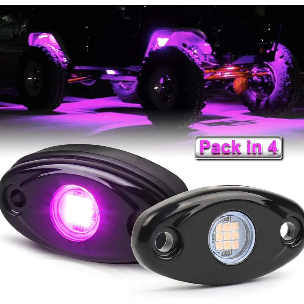 

led rock lights, 4 pods purple pink led neon underglow light kits waterproof ip68 rock light kit compatible with jeep off road a