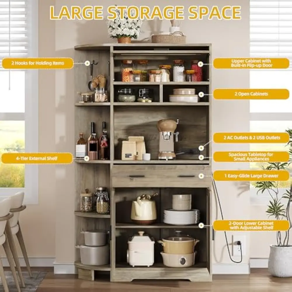 Mobiletto per dispensa da cucina da 67", scaffale per panettiere con armadietto portaoggetti, bar con stazione di ricarica, credenza per buffet