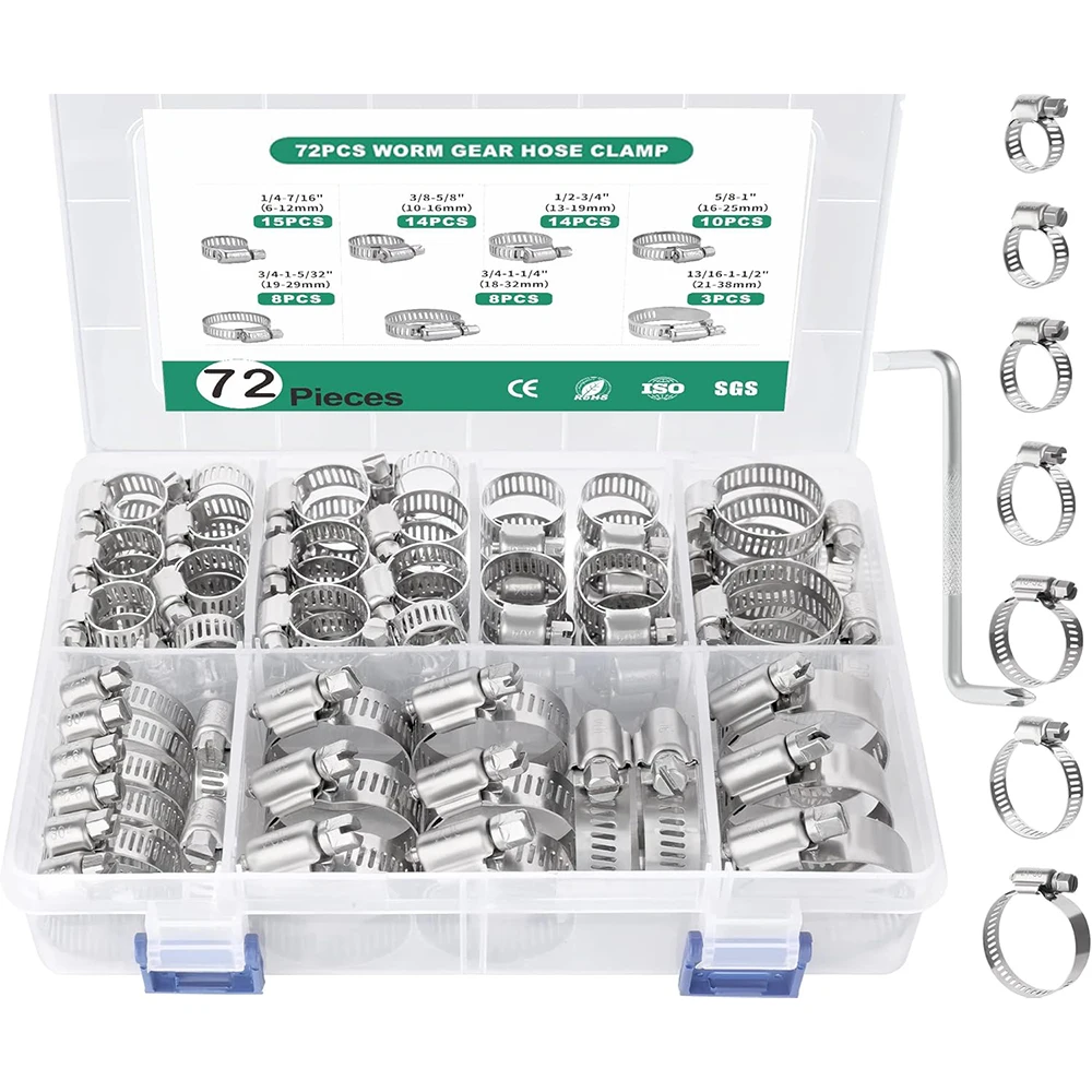 72PCS Stainless Steel Hose Clamp Assortment Kit,Adjustable 1/4