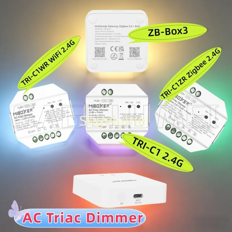 AC 110V 220V ZB-Box3 TRI-C1 TRI-C1WR TRI-C1ZR AC Triac Dimmer 2.4G RF Remote WiFi App /Voice Push Control 300W for Halogen Lamps