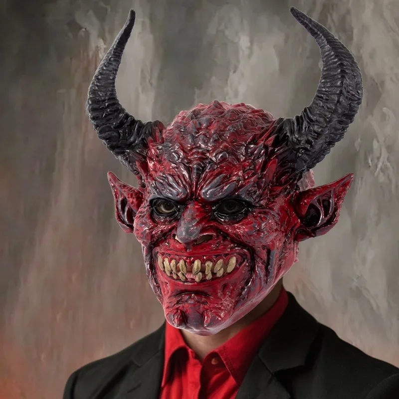 

Halloween Red Devil Head Mask - One-Piece Molded Satan Devil Horns Cosplay Party Costume Accessory