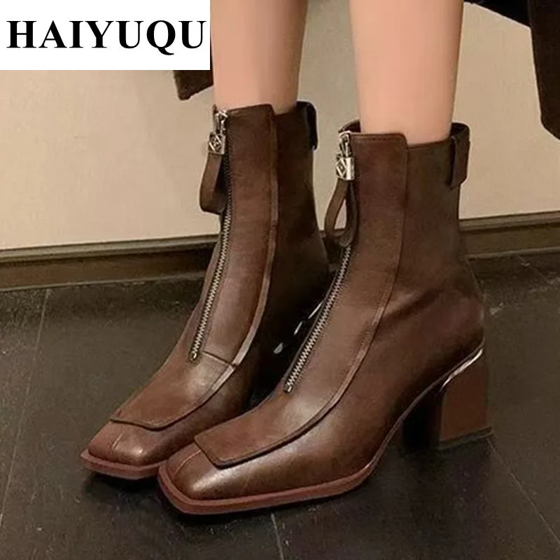 Bottes en Cuir à Talons Hauts et Fermeture Éclair pour Femme, Chaussures de Marque de Luxe de Styliste, Nouvelle Collection Hiver 2025