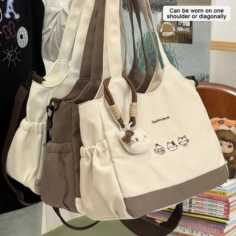 Cute Kitten Large Capacity Tote Bag Canvas Material Soft Cotton Strap Shoulder Bag Zipper Closure Simple Style Book Bag School