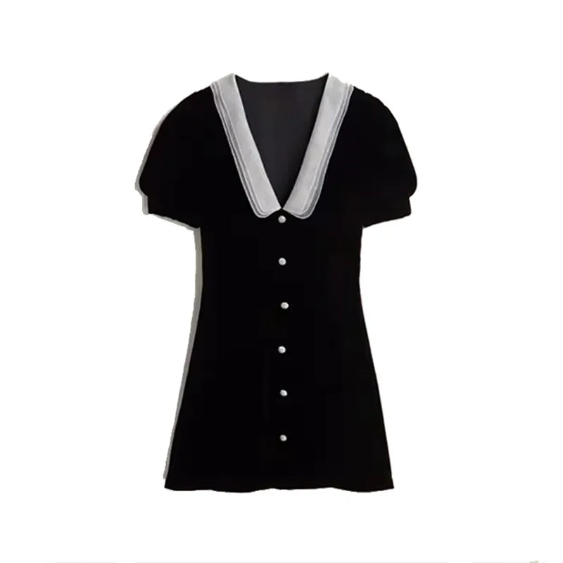 Women Peter Pan Collar Velet Mini Dress Slim Waist Short Sleeve Single-breasted Black Short Robes 2024 New