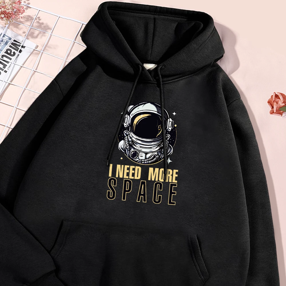 Astronaut Print I Need More Space Letter Men Hoodie Autumn Oversize Fleece Hoodies Comfortable Pullover Simple Warm Hoody Tops