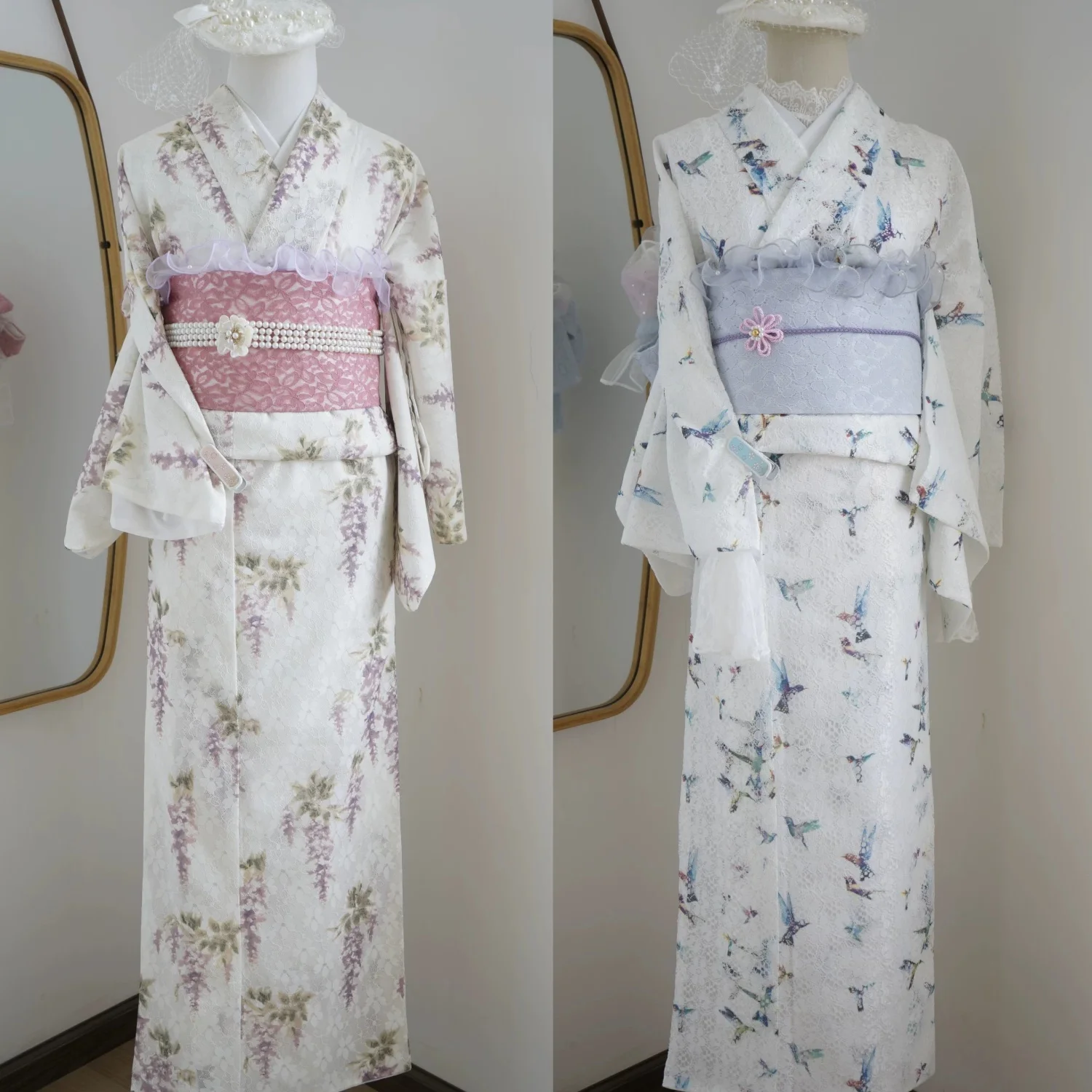 Japanese Traditional Women's Kimono Dress with Small Lace Pattern Double Fabric Free Size Folding And Wearing Style