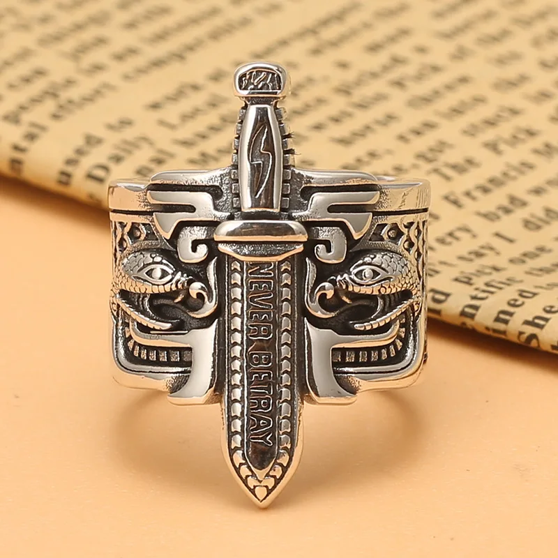 925 silver personalized elegant sword dagger ring men's retro index finger ring cool wide face open mouth