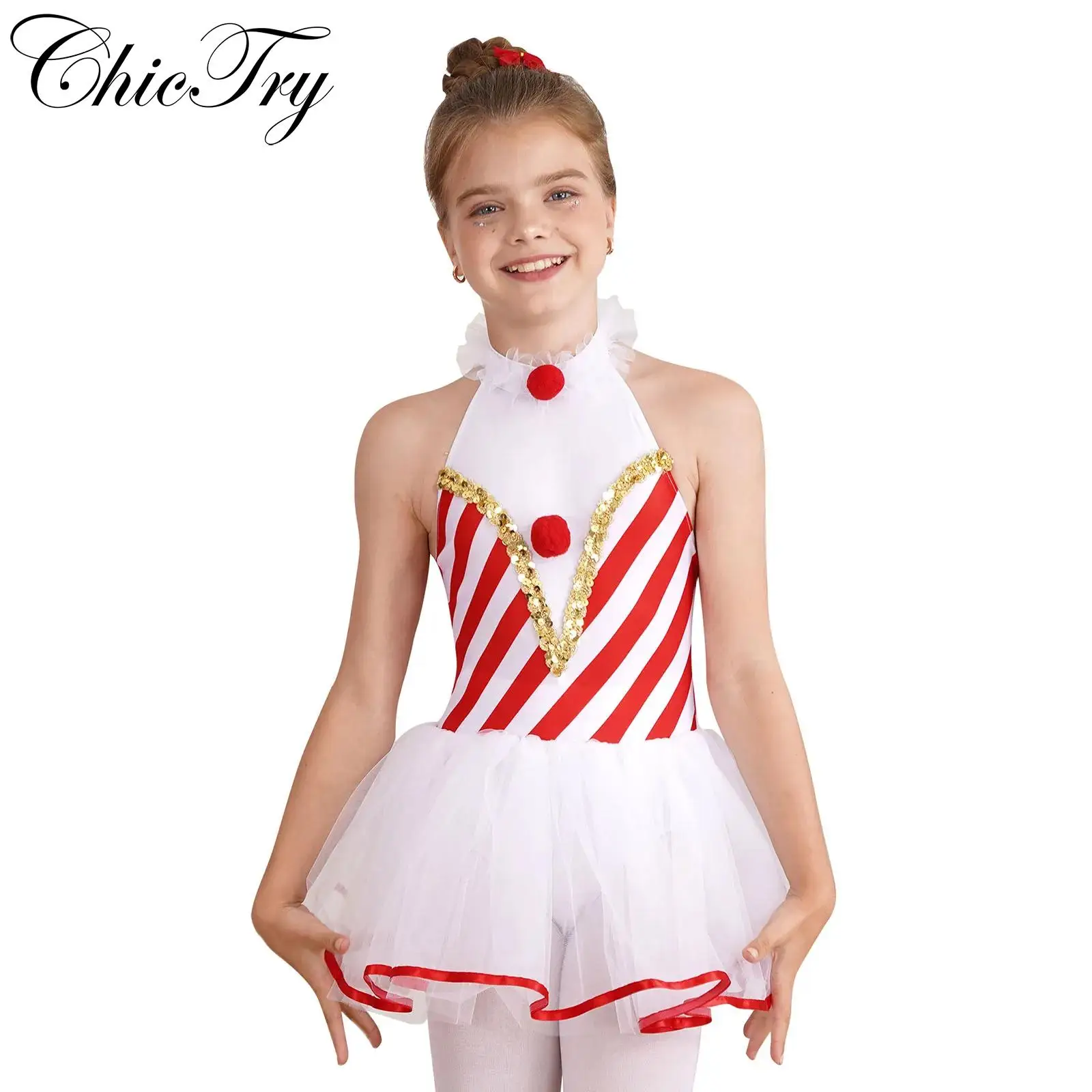 

Kids Girls Christmas Dance Dress Xmas New Year Festival Party Cosplay Performance Costume Sleeveless Striped Candy Cane Leotard