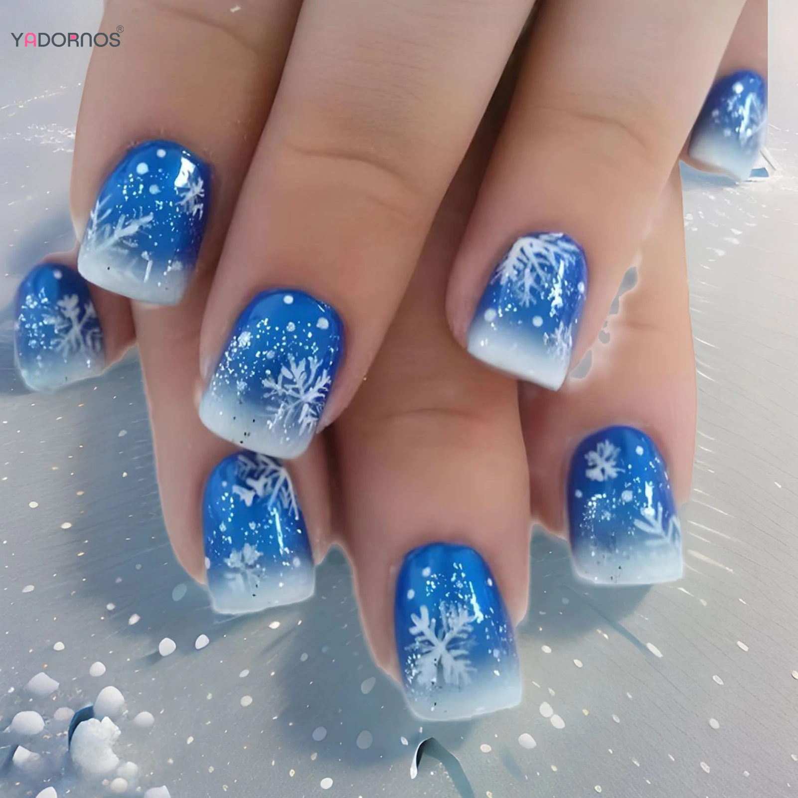 Gradient Blue Color Christmas Fake Nails White Snowflake Printed Short Square Head Charms Manicure for Women Xmas Party 24Pcs