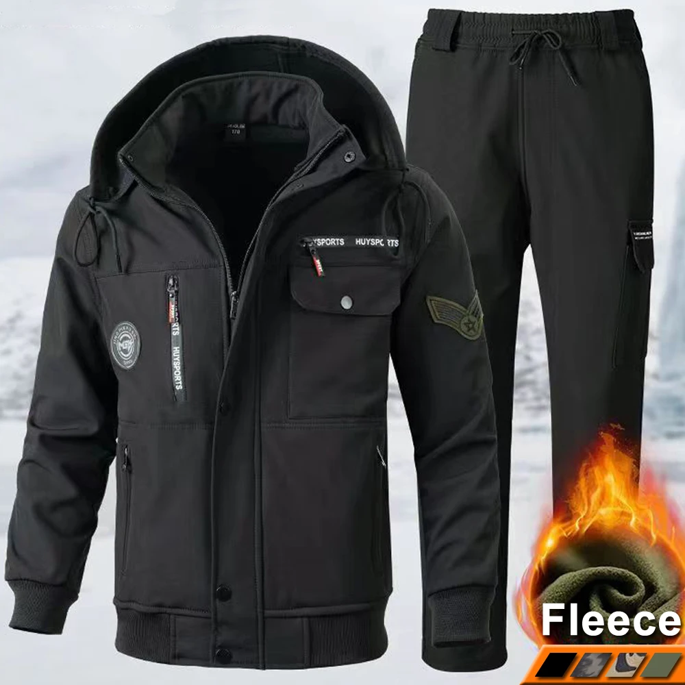 Winter Work Wear Sets Men Fleece Thicken 2 Pieces Suits Warm Multi-pocket Waterproof Wear Resistant Dirt-proof Hood Jacket Pants