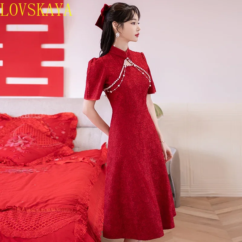 Summer New Retro Short Sleeve Wedding Lace Cheongsam Chinese Traditional Modern Women Qipao Dress