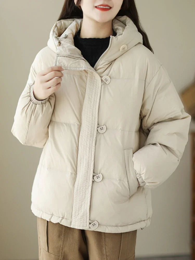 

Solid Color Loose Casual Short Down Jacket Winter Thicken Hooded White Duck Down Puffer Jacket Pocket Button Zipper Overcoat