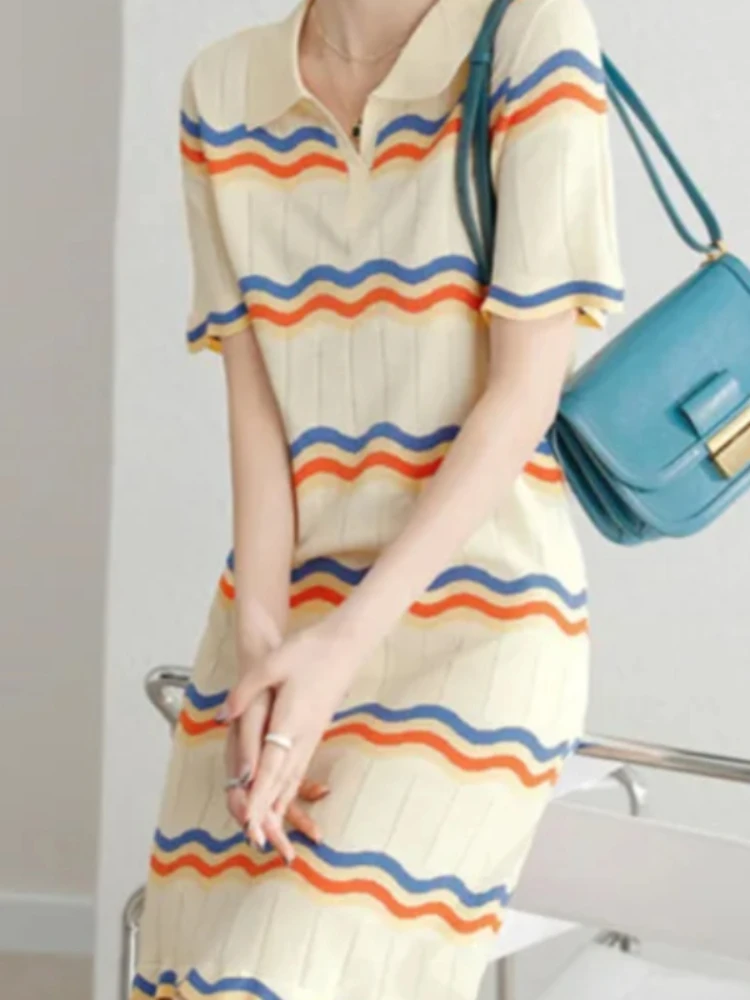 

Striped Polo Dress Summer Knitted Ice Silk 2025 New Summer Sweater Dress