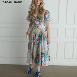 2024 Princess Summer Gradient Flower Print Swing Midi Dress Puff Sleeve Retro Women Slim Waist Fairy Holiday Robe Vestidos